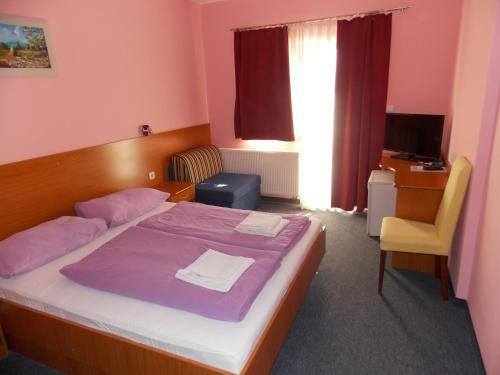 1 dormitorio con 1 cama, 1 silla y TV en Triple Room Oroslavje 15384j en Oroslavje