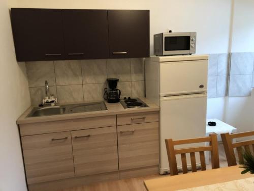W kuchni znajduje się biała lodówka i kuchenka mikrofalowa. w obiekcie Apartments by the sea Senj - 15578 w mieście Senj