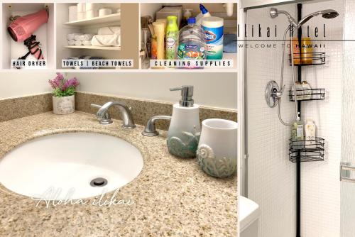 a bathroom counter with a sink and a shower at New Aloha Ilikai 1free Parking in Honolulu