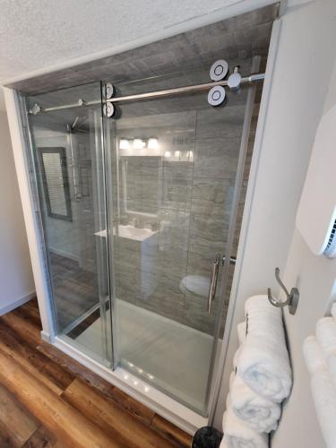 a shower with a glass door in a bathroom at Cozy Hideaway in the Duck Pond area of Gainesville in Gainesville