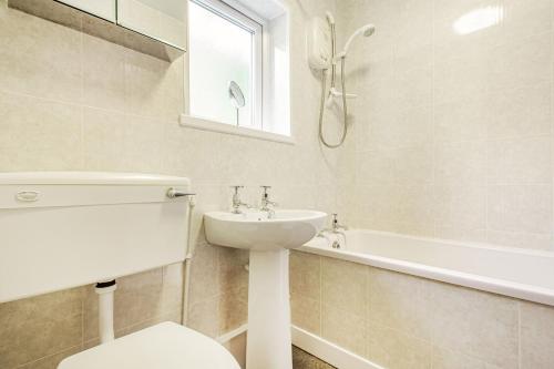 a bathroom with a toilet and a sink and a tub at Penlan in Beddgelert