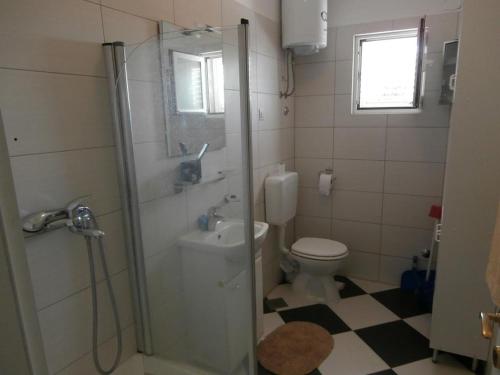a bathroom with a shower and a toilet and a sink at Apartment Sevid 15664a in Sevid