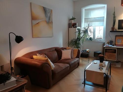 salon z brązową kanapą i stołem w obiekcie Apartments with WiFi Rijeka - 15753 w mieście Rijeka