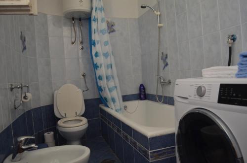 a bathroom with a toilet and a washing machine in it at Seaside holiday house Sutomiscica, Ugljan - 15965 in Preko