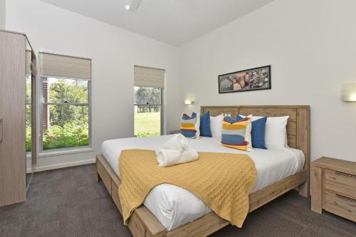 a bedroom with a large bed and two windows at Ironbark Hill Villa 3 Saperavi in Pokolbin