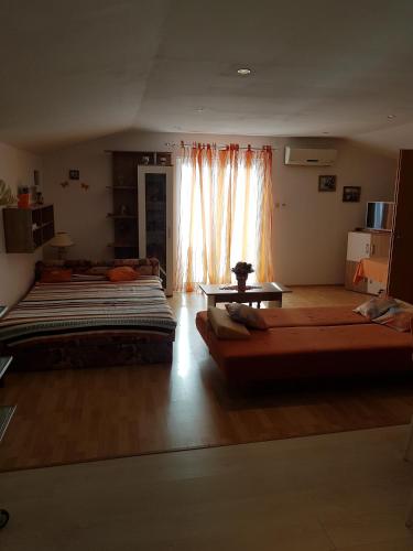 two beds in a living room with a window at Studio Baric Draga 16148b in Barić Draga