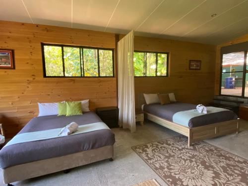 1 Schlafzimmer mit 2 Betten und 2 Fenstern in der Unterkunft Castle Rock Farm in Byfield