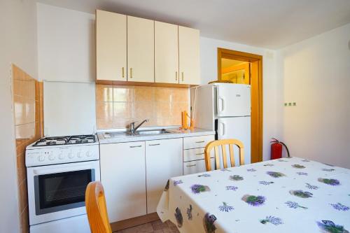 uma cozinha com um fogão e um frigorífico branco em Apartments by the sea Zdrelac, Pasman - 15318 em Zdrelac
