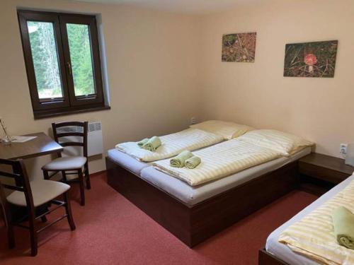 1 dormitorio con 2 camas, mesa y escritorio en Penzion U Zlatého srnce, en Srní