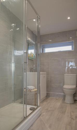 a bathroom with a glass shower and a toilet at Hegarty's cottage at Trevarrian Lodge in Mawgan Porth