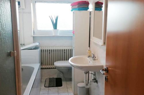 a bathroom with a sink and a toilet and a window at Cozy Apartment near Frankfurt in Niederdorfelden