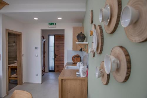 a kitchen with plates on the wall and a sink at Hiska B&N Podlehnik in Podlehnik