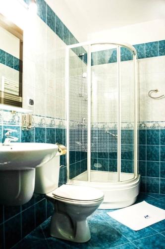 a bathroom with a toilet and a shower and a sink at Hotel Manhatan in Zygry