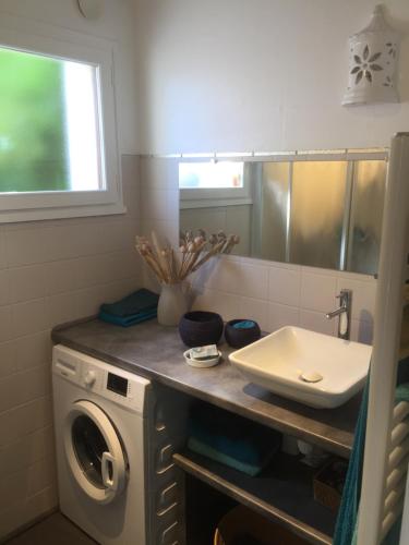 une salle de bain avec une machine à laver et un lavabo dans l'établissement Keryanne, à Saint-Gildas-de-Rhuys