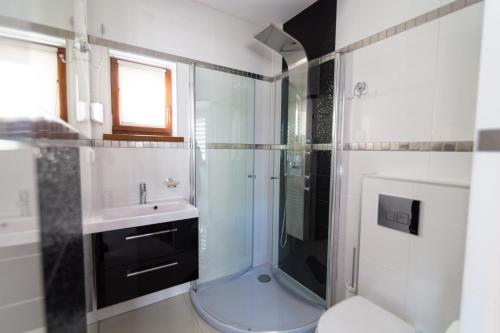 La salle de bains est pourvue d'une douche en verre et d'un lavabo. dans l'établissement Zatoczka Turawa, à Turawa