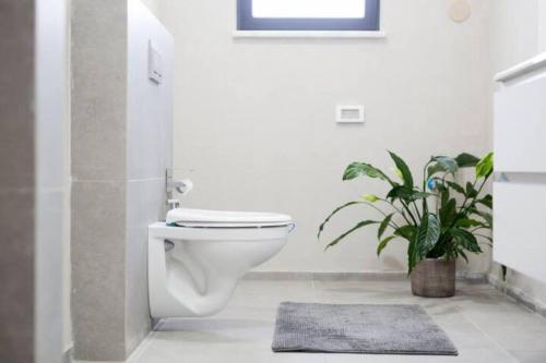 a bathroom with a toilet and a potted plant at וילה-ליה in Caesarea