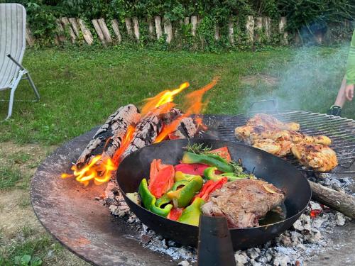 a grill with some meat and vegetables on it at Apartments Pri Boštjanovcu in Gorenja Vas