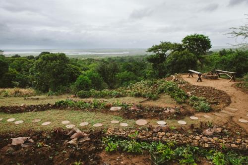 a garden on a hill with a person in the background at Hluhluwe River Lodge in Hluhluwe