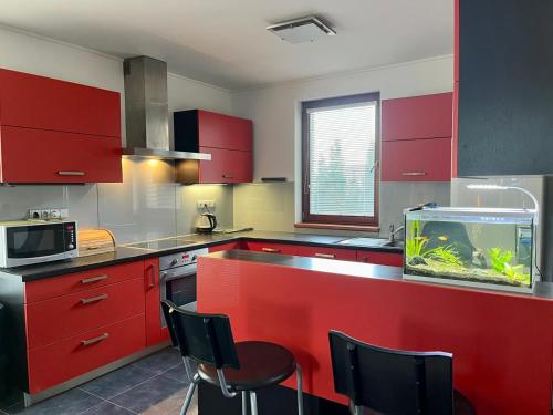 a kitchen with red cabinets and a fish tank on the counter at Relaxklub villa s wellness in Třemošná