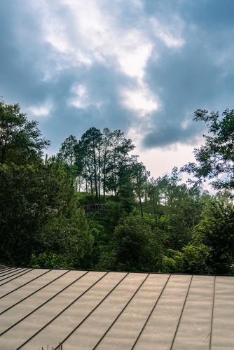 a view of a metal roof with trees in the background at Amaya Life Kasauli in Kasauli