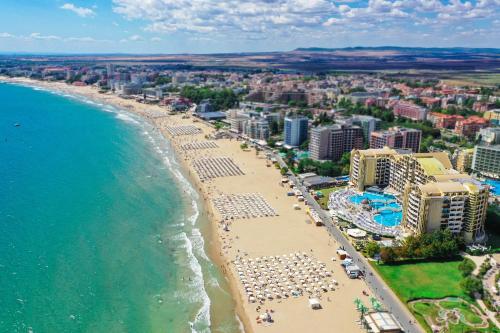 an aerial view of a beach and the ocean at Imperial Palace Hotel in Sunny Beach
