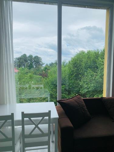 a living room with a couch and a table and a large window at Wonderland in Chakvi