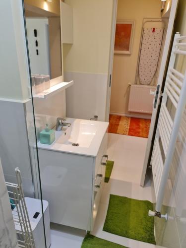 bagno con lavandino e specchio di Apartamentul ALB a Buşteni