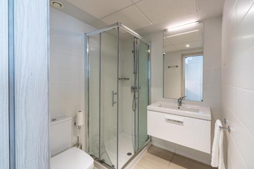 La salle de bains est pourvue d'une douche, de toilettes et d'un lavabo. dans l'établissement Residencia Universitaria Claudio Coello, à Madrid