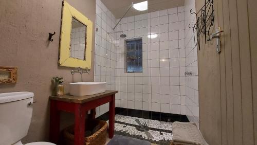 uma casa de banho com um lavatório, um WC e um espelho. em Lake House em Dullstroom