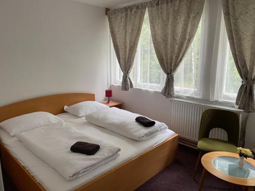 a bedroom with a bed and a table and a window at Penzion Na Srubech in Hora Svaté Kateřiny