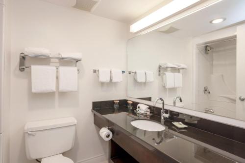 een badkamer met een wastafel, een toilet en een spiegel bij Sandman Hotel Revelstoke in Revelstoke