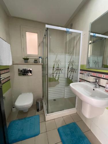 a bathroom with a shower and a sink and a toilet at Bright Flat Lac 2 Tunis in Tunis
