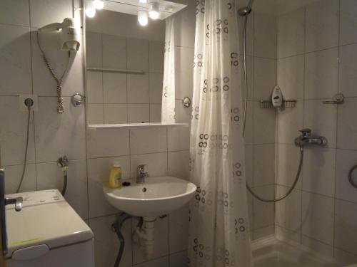 a bathroom with a sink and a shower with a mirror at Holiday Home Apartment Tedo in Klek
