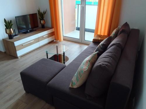 a living room with a brown couch and a television at Complex Apartamenty - Golden in Koszalin