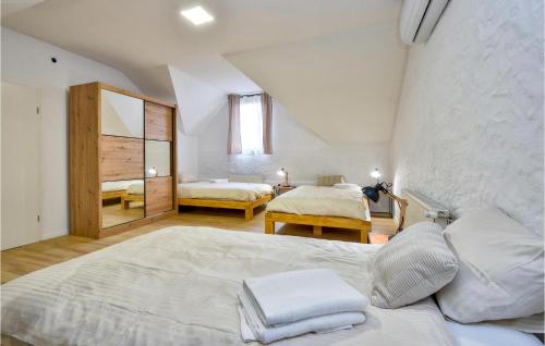 a large bedroom with two beds and a mirror at Cozy Home In Donja Batina With Outdoor Swimming Pool in Donja Batina