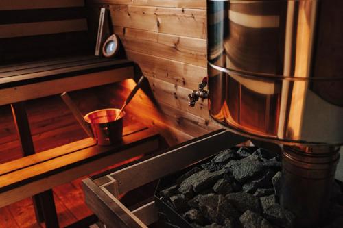 a kitchen with a woodburning stove in a room at Amberhouse in Piejūti