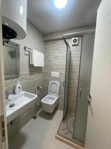 een badkamer met een toilet, een wastafel en een douche bij Apartment Centre View New Bazaar in Tirana
