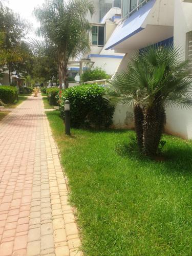 a brick sidewalk next to a building with a palm tree at Résidence SUN SET BEACH à 200 m de mer in Mohammedia
