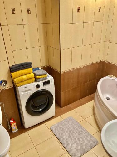 a washing machine in a bathroom with a toilet at Apartment Saharova in Riga