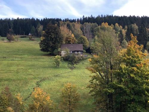 a house in the middle of a field with trees at SPA SPA - Roubenka in Jablonec nad Jizerou