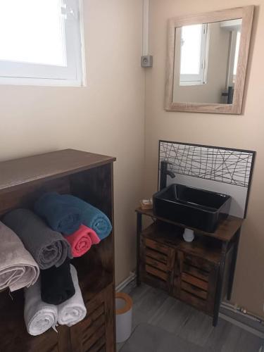 a bathroom with a sink and a mirror at La charmante Cayolaise in Cayeux-sur-Mer