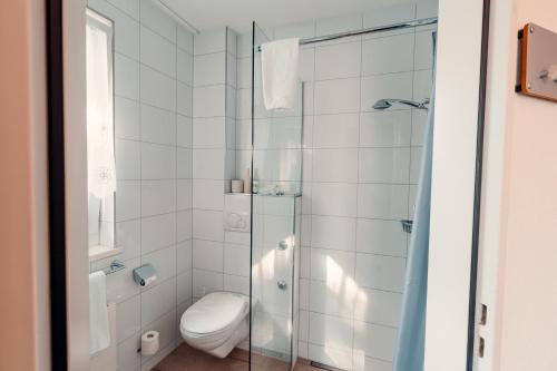 a bathroom with a toilet and a glass shower at Hotel Rössli Luterbach in Luterbach