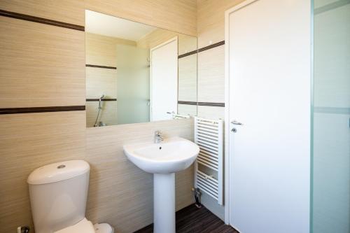 een badkamer met een wastafel, een toilet en een spiegel bij Koukaki apartment 3 bedrooms 6 pers. in Athene