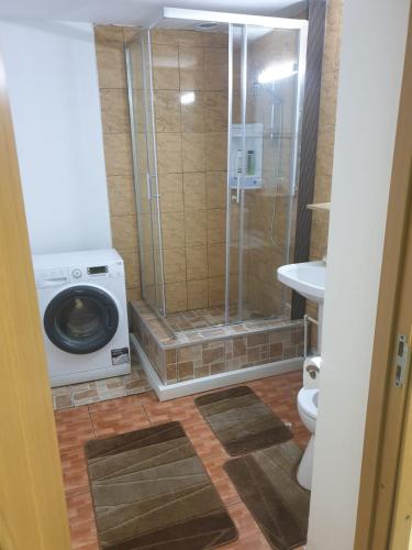 ein Bad mit einer Dusche und einer Waschmaschine in der Unterkunft Garsoniera 1 in Bukarest