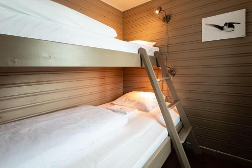 two bunk beds in a room with wooden walls at Eliassen Rorbuer in Reine