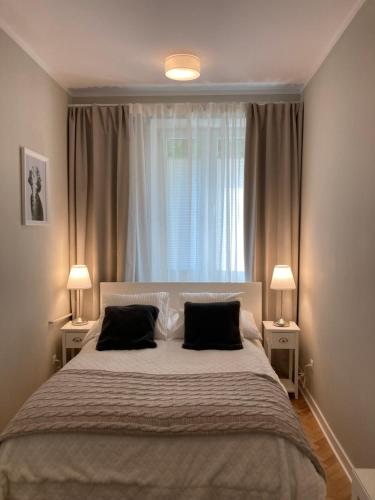 1 dormitorio con 1 cama grande y 2 almohadas en Apartment BB II nad Deptakiem, en Krynica-Zdrój