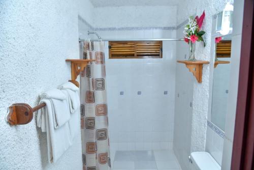 uma casa de banho branca com um chuveiro e um WC. em Lighthouse Inn 2 em Negril
