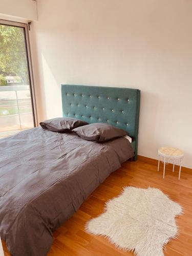 - une chambre avec un lit doté d'une tête de lit bleue et d'un tapis dans l'établissement Appartement 2 chambres avec parking privé gratuit, à Dijon