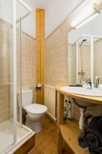 une salle de bain avec toilettes et lavabo dans l'établissement Les GRANDS SORBIERS à Méribel - Charmant studio situé à 2 pas des pistes & du centre de Méribel, à Les Allues