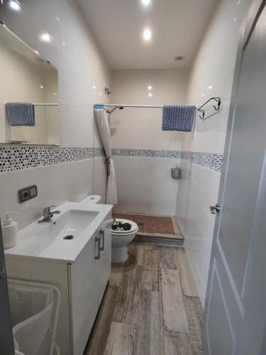 a white bathroom with a sink and a toilet at Casa Rural Sierra De Las Nieves in Tolox